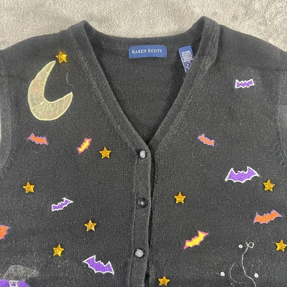 Vintage Karen Scott Vest Women's XL Halloween Witch Spooky Bat Moon Owl Cute - Picture 2 of 16